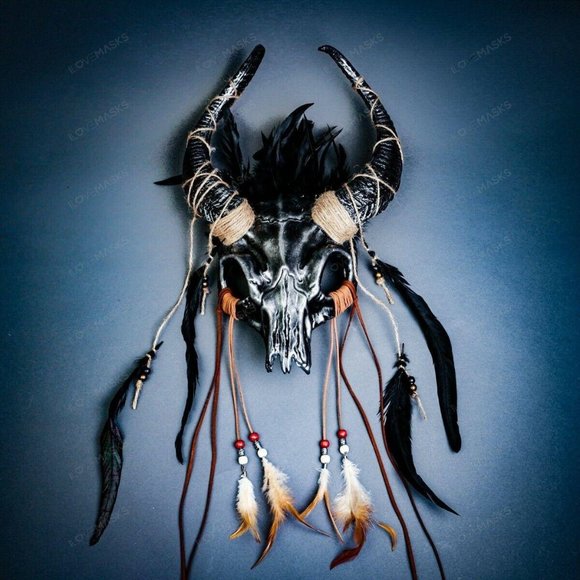 Black Silver Animal Antelope Skull Devil Horn Halloween HeadGear Costume Mask - Picture 1 of 4